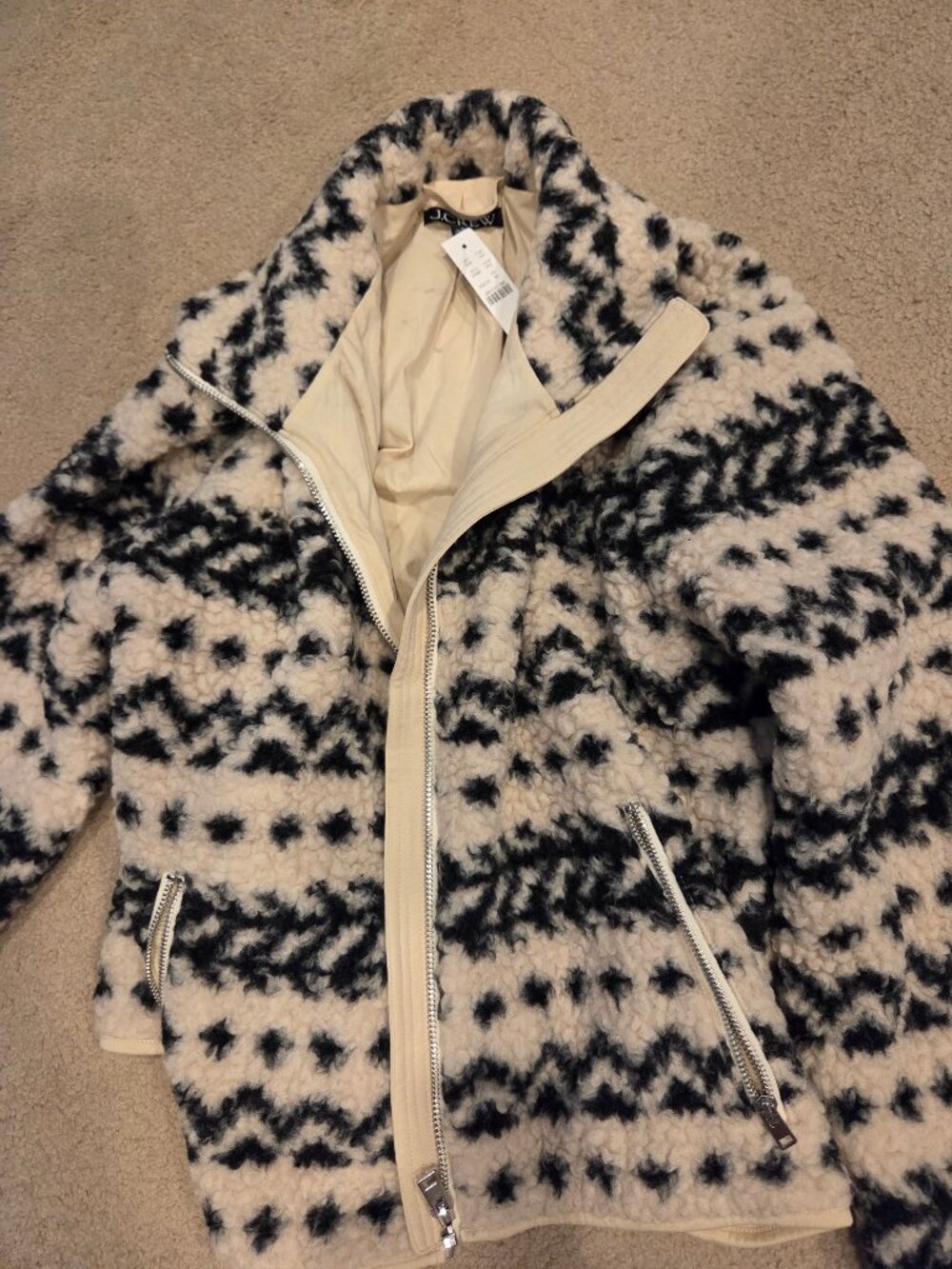 J Crew NWT Black White Fair Isle Print Sherpa Sweater Jacket M